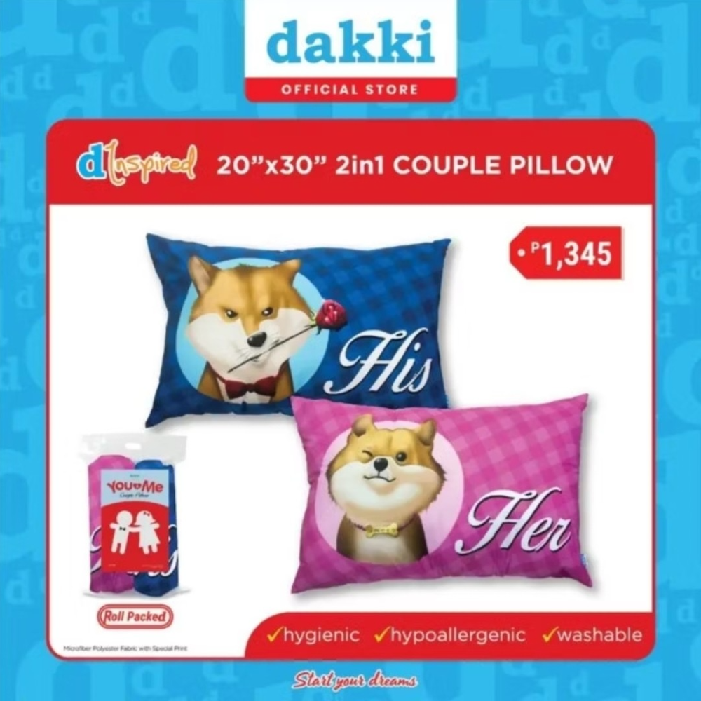 DAKKI Couple Pillow 2 in 1 Pack Dog His & Her Cat King Size 20"x30"