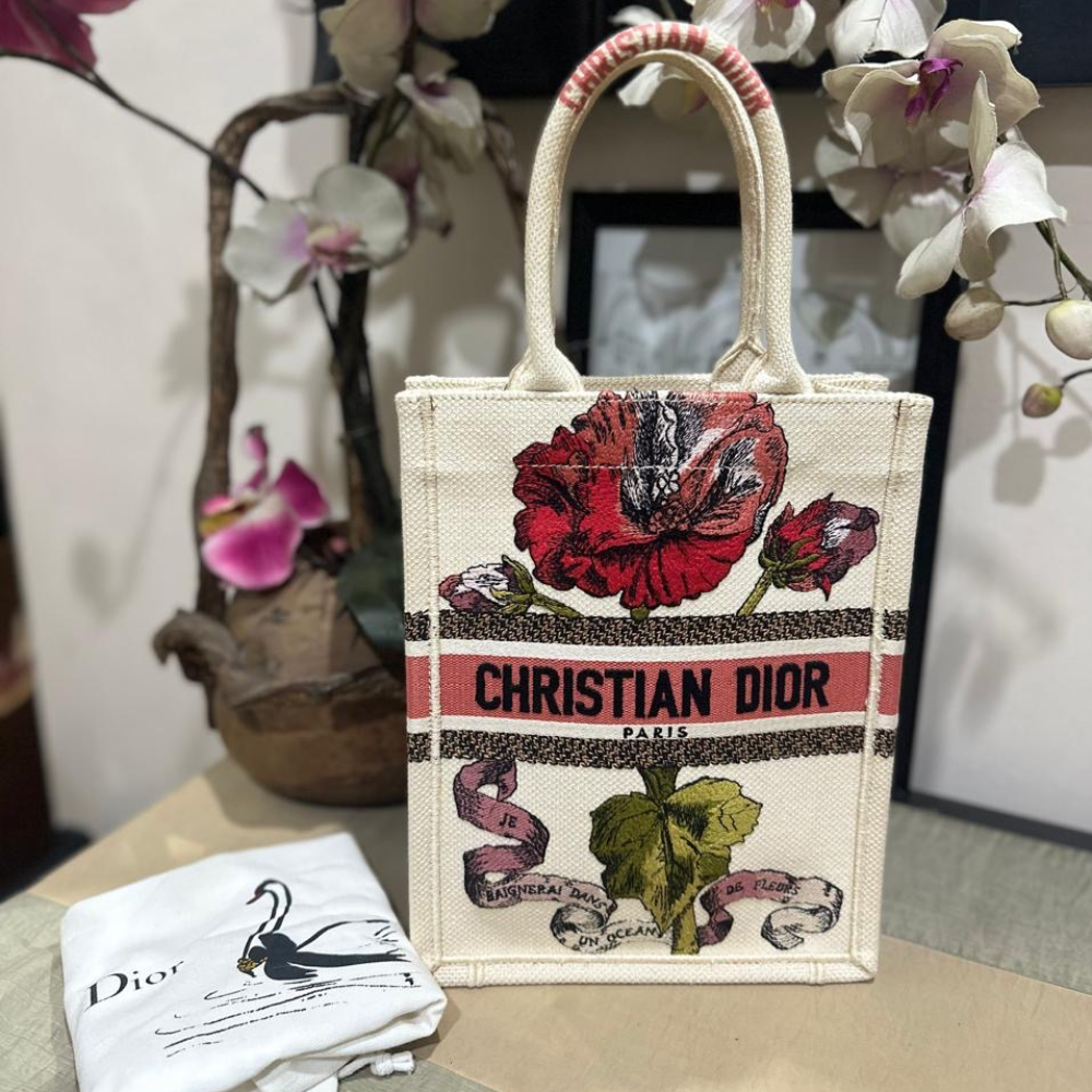 Christian Dior Book Tote Small Vertical Canvas Flower Bag