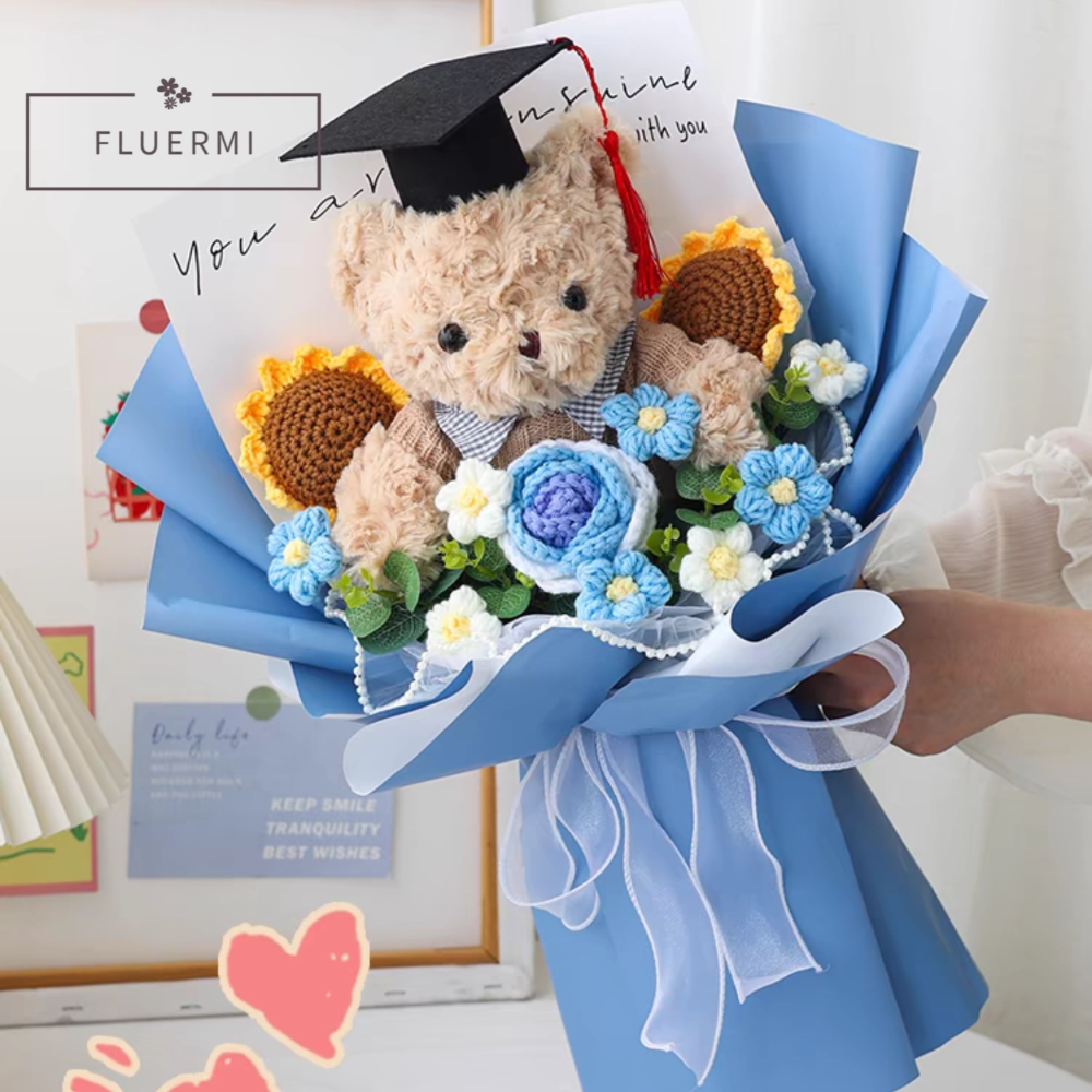Graduation Bear with Handmande Crochet Sunflowers