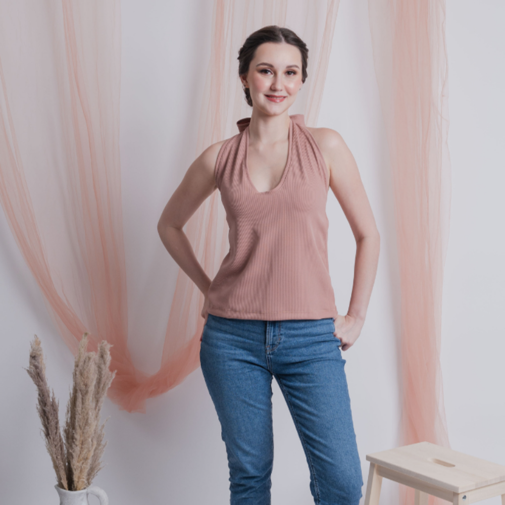 Old Rose Rib-knit Self-Tie Halter Top