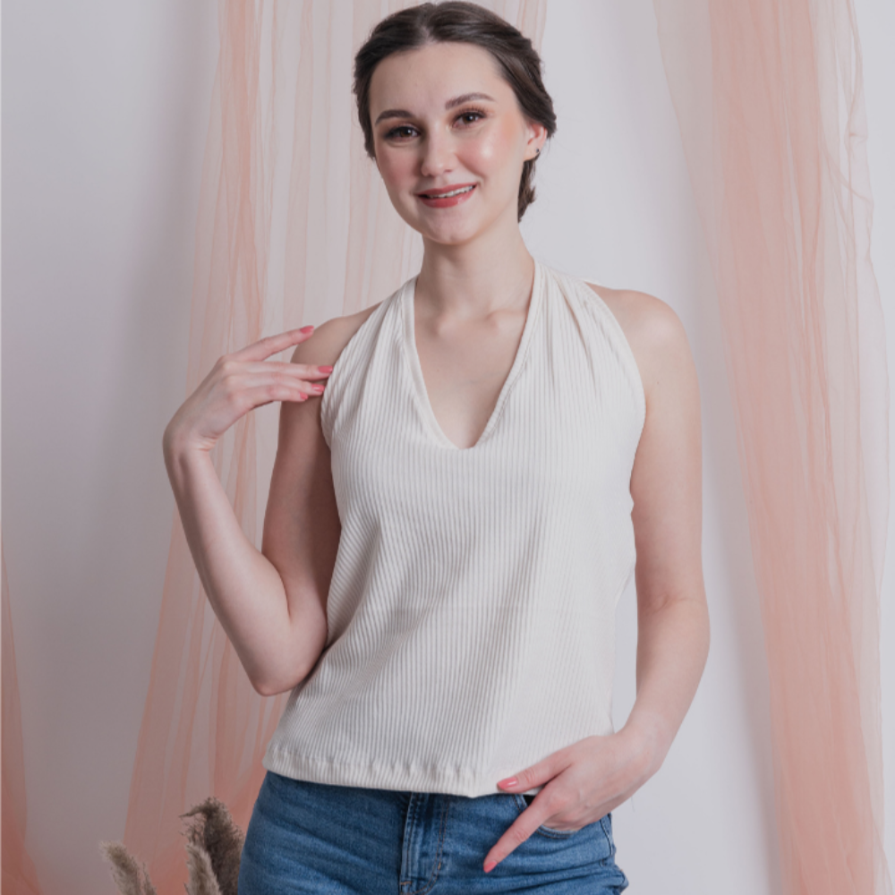 Cream Rib-knit Self-Tie Halter Top