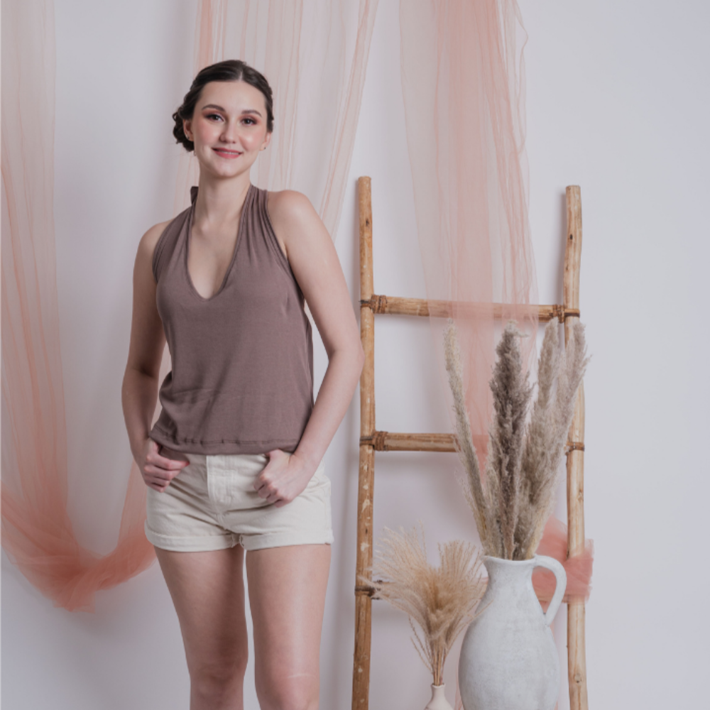 Taupe Rib-knit Self-Tie Halter Top