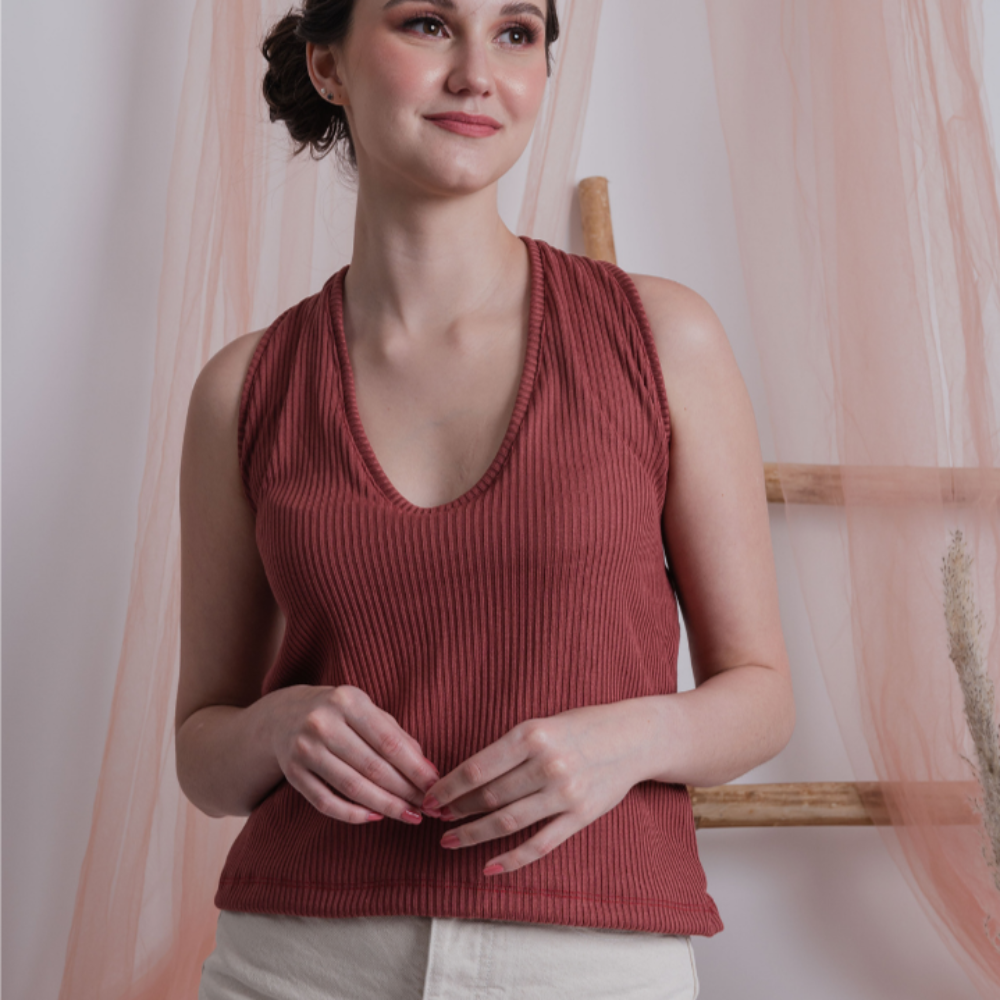 Burgundy Rib-knit Self-Tie Halter Top